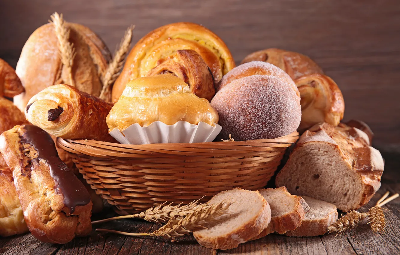 Photo wallpaper basket, bread, cakes, buns