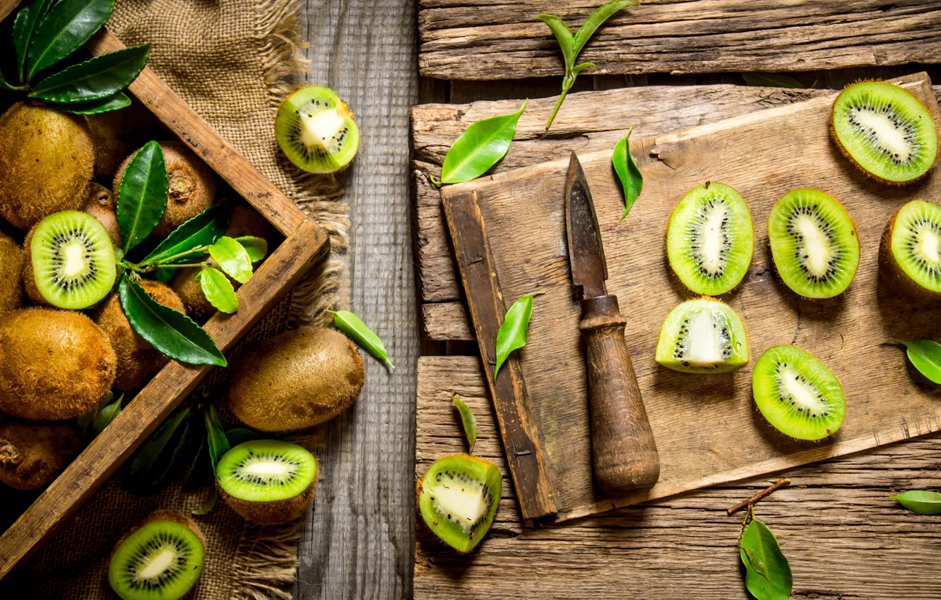 Photo wallpaper green, food, kiwi, fruit, knife, box, fruit, kiwi