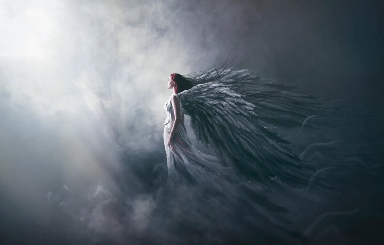 Photo wallpaper look, girl, light, pose, fog, smoke, back, wings