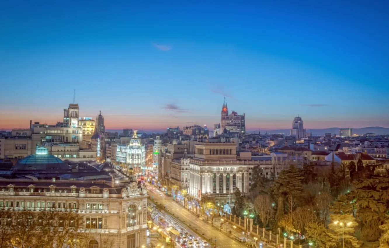 Photo wallpaper road, the city, home, Europe, architecture, Spain, Madrid