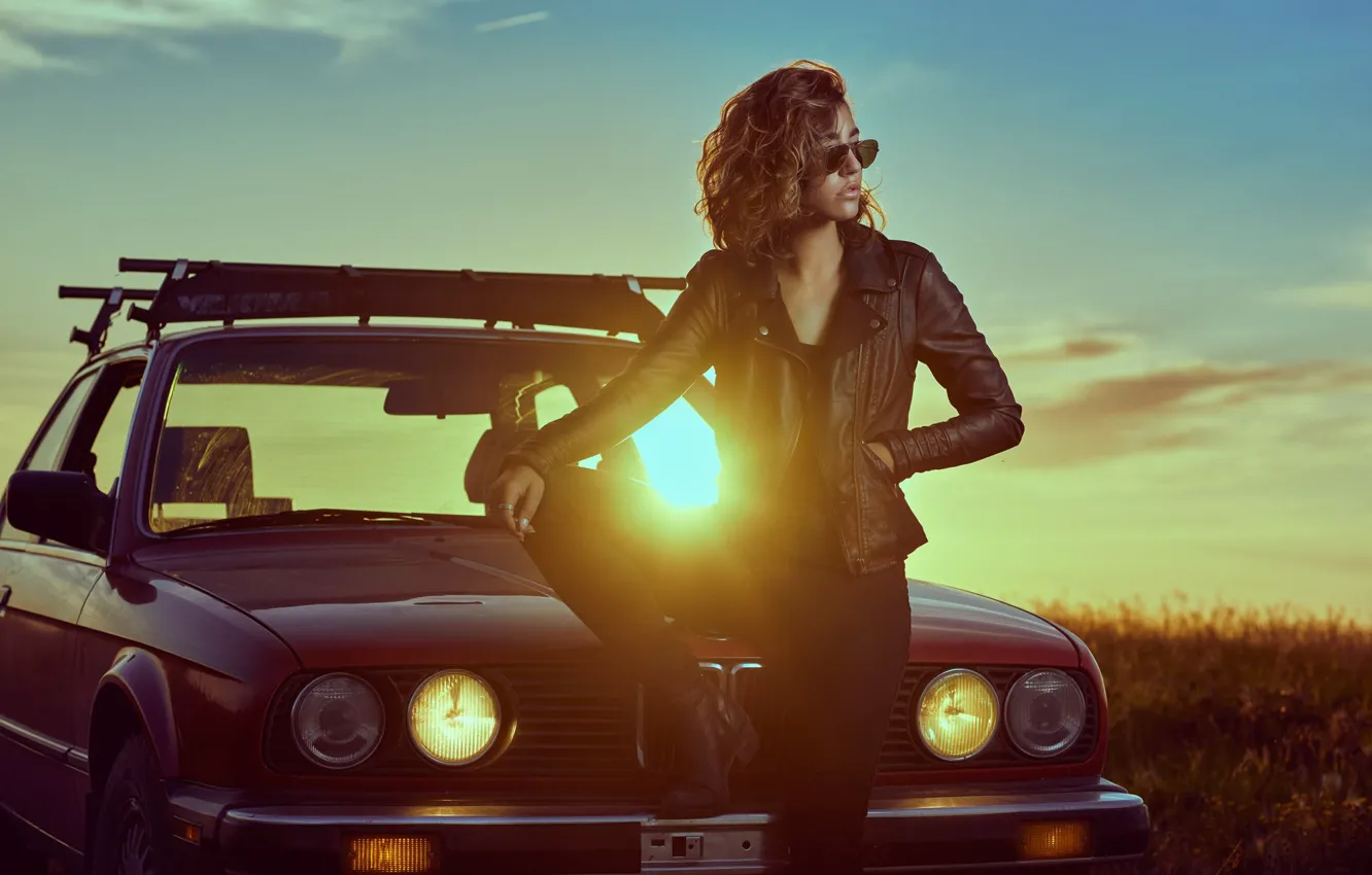 Photo wallpaper machine, auto, sunset, pose, model, glasses, jacket, BMV