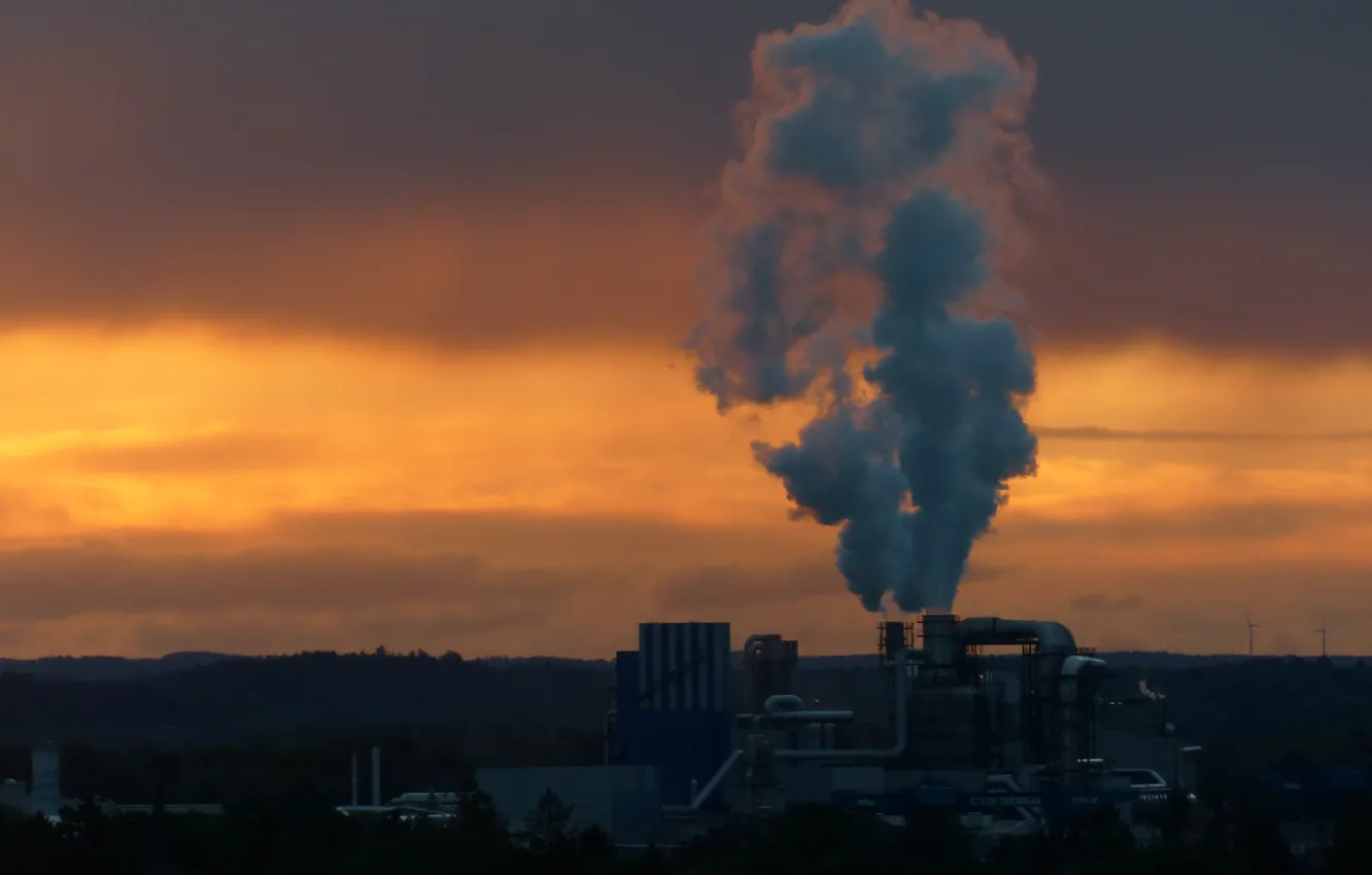Photo wallpaper the sky, clouds, plant, smoke, the evening, architecture