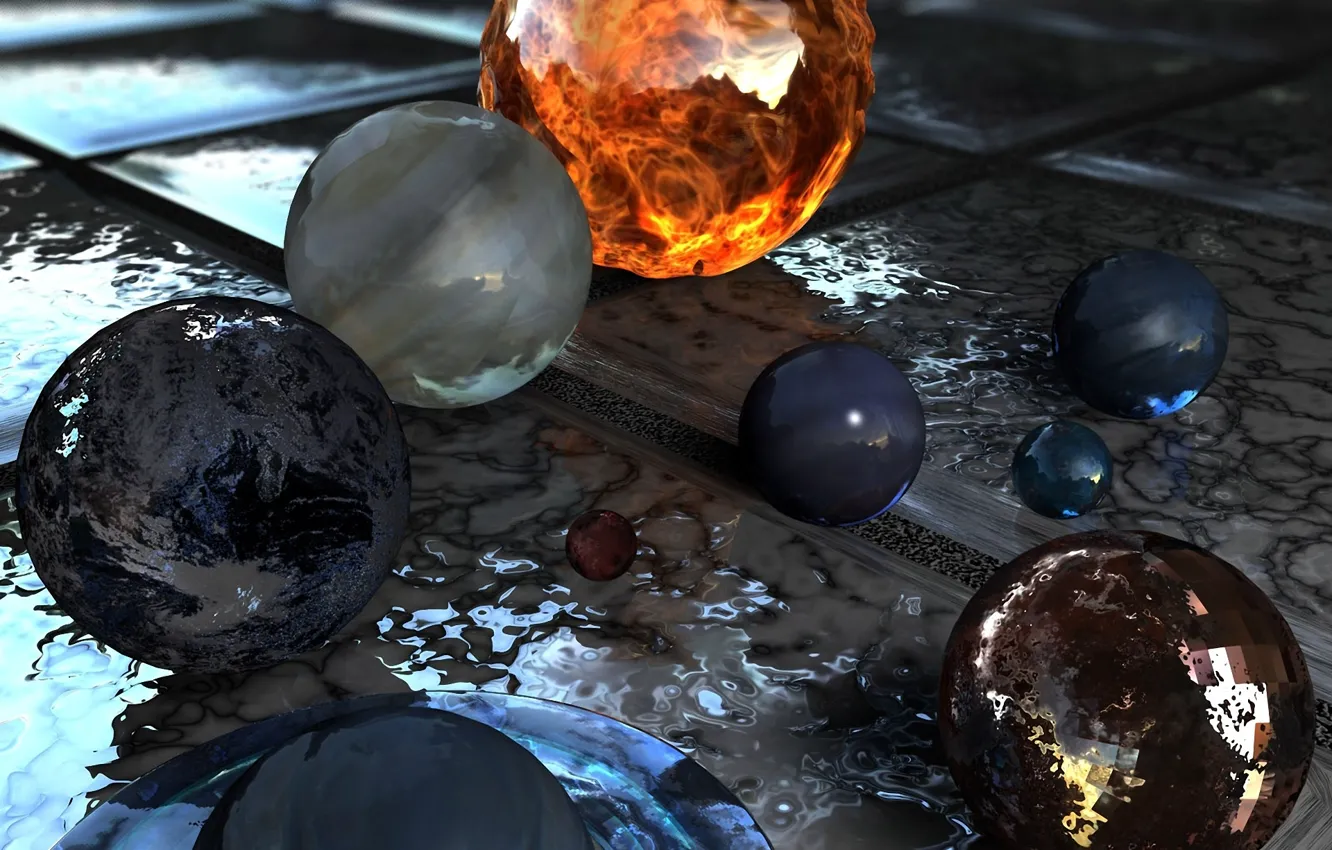 Photo wallpaper glass, fire, balls, tile, planet, solar system, sphere