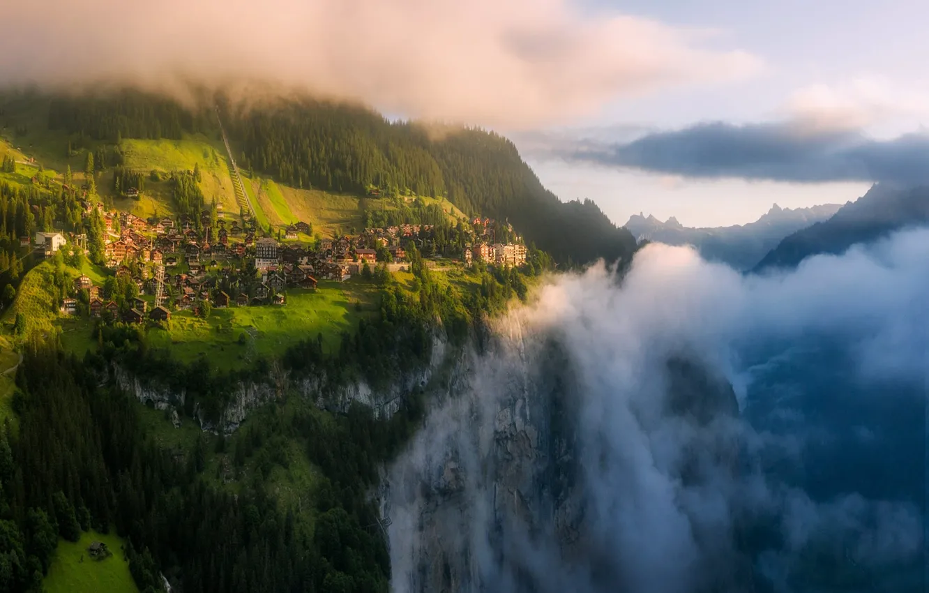 Photo wallpaper mountains, Switzerland, house, settlement