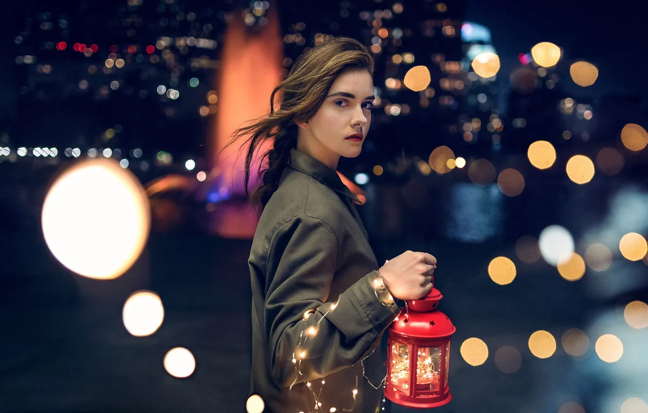 Photo wallpaper look, night, red, lights, pose, glare, background, model