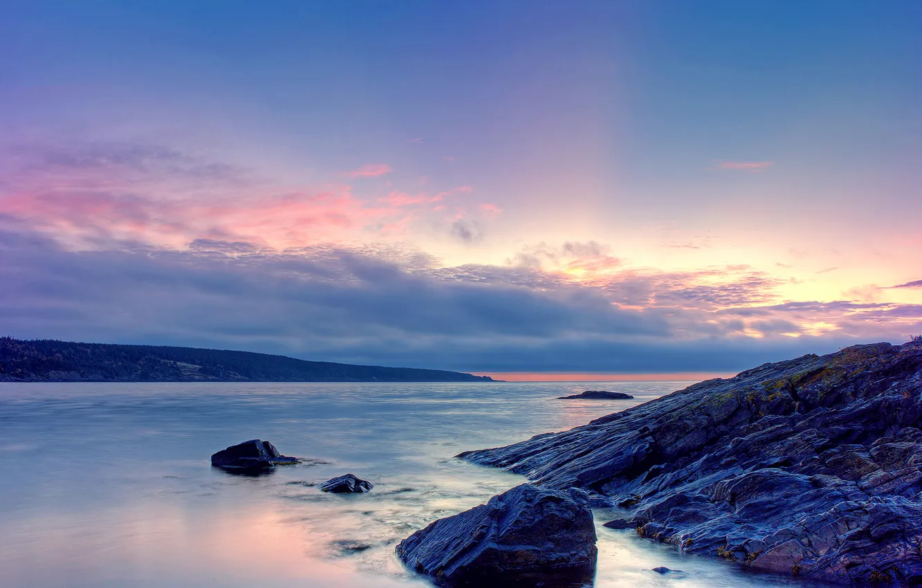Photo wallpaper sunset, clouds, river, stones, shore