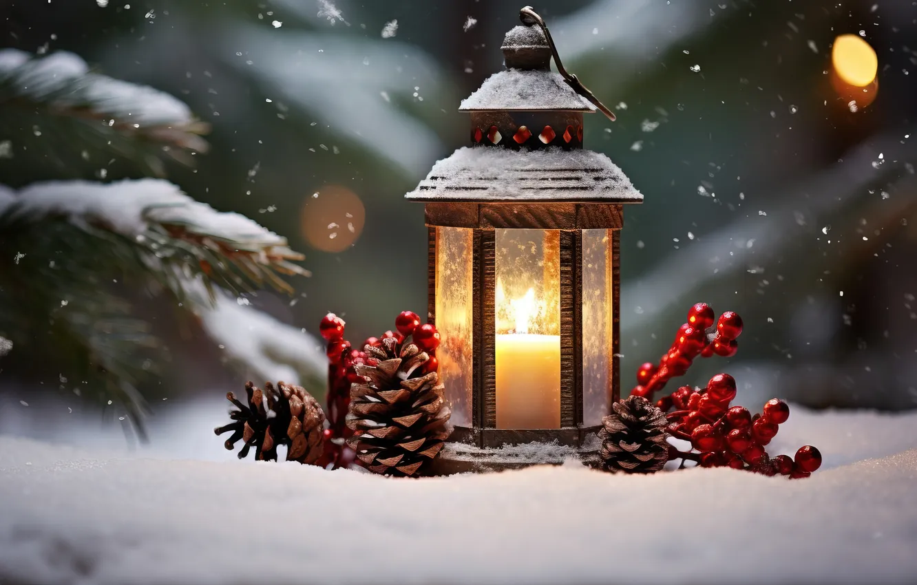 Photo wallpaper winter, snow, night, new year, Christmas, lights, Christmas, night