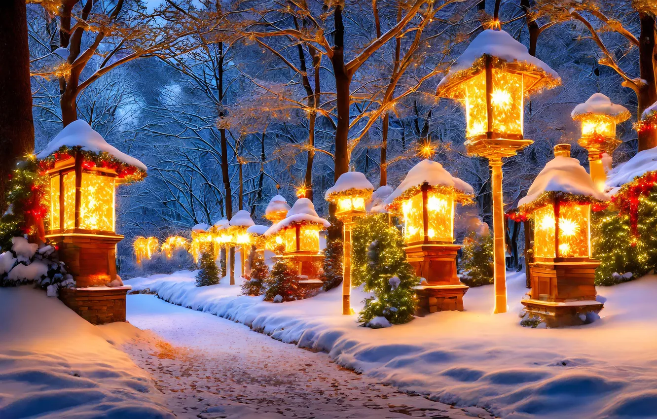Photo wallpaper winter, snow, night, new year, Christmas, lights, Christmas, night