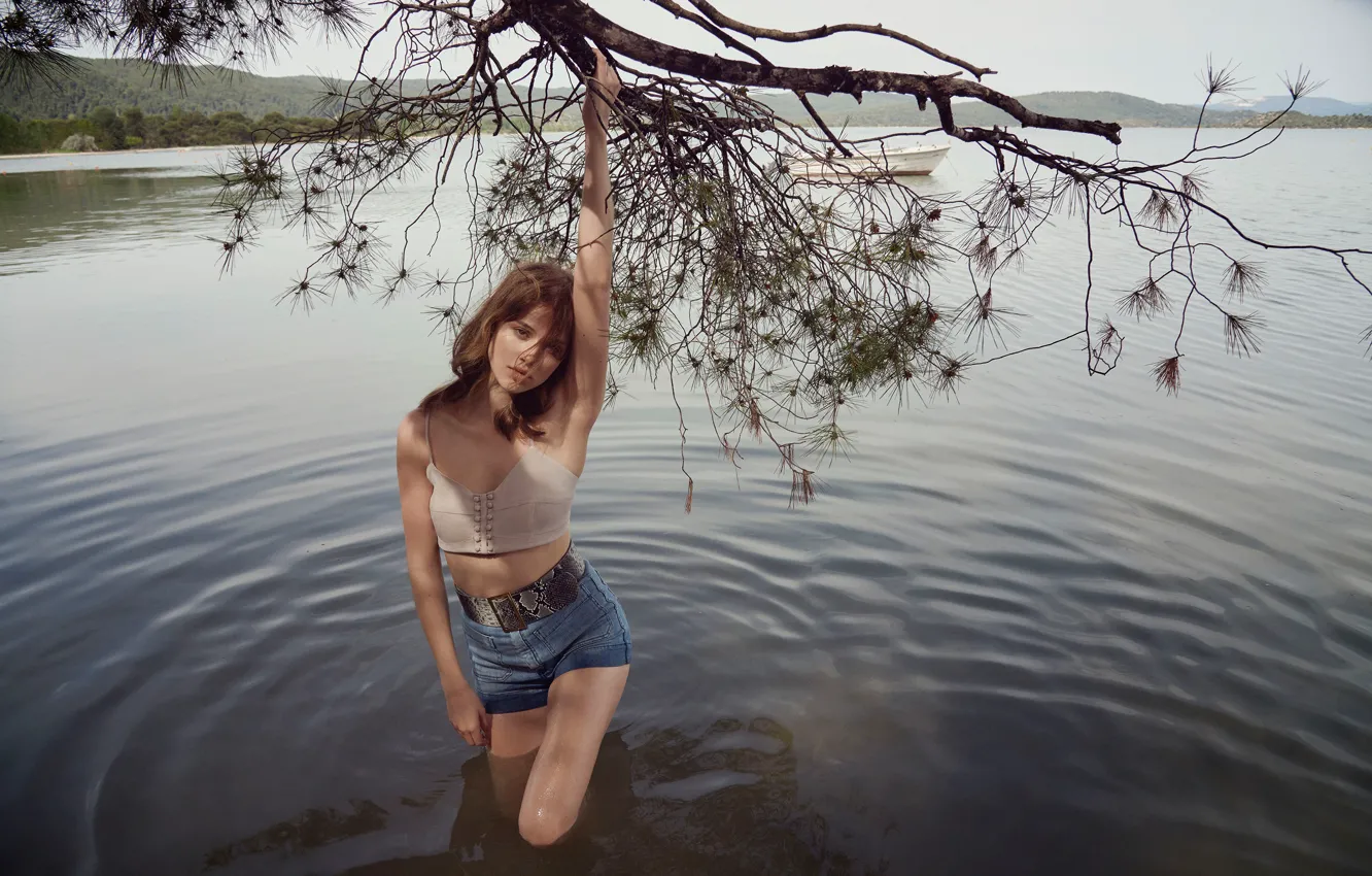 Photo wallpaper trees, landscape, branches, pose, river, model, boat, shorts