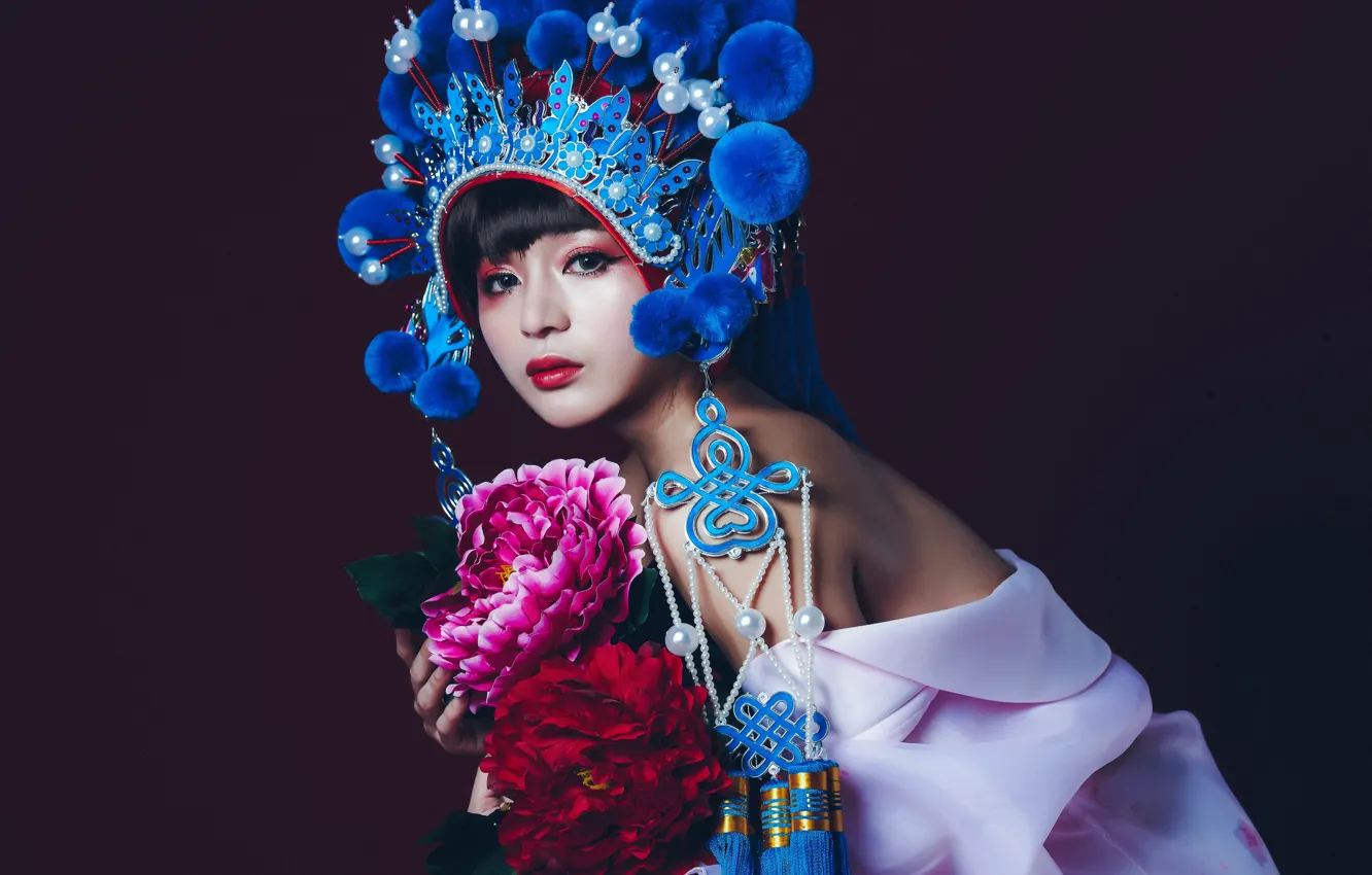 Photo wallpaper look, flowers, style, model, makeup, Asian, the dark background, headdress