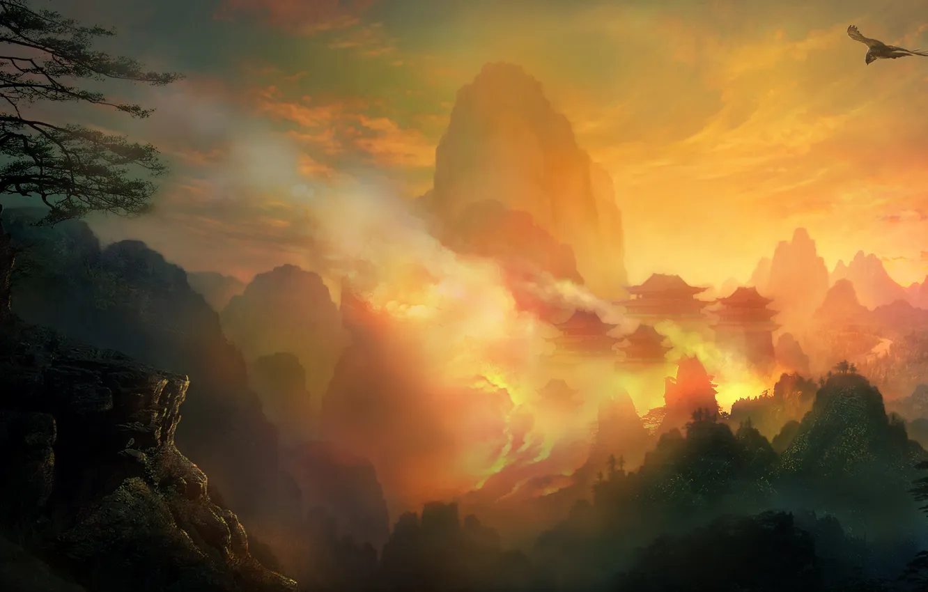Photo wallpaper trees, flight, mountains, lights, fire, rocks, bird, Asia