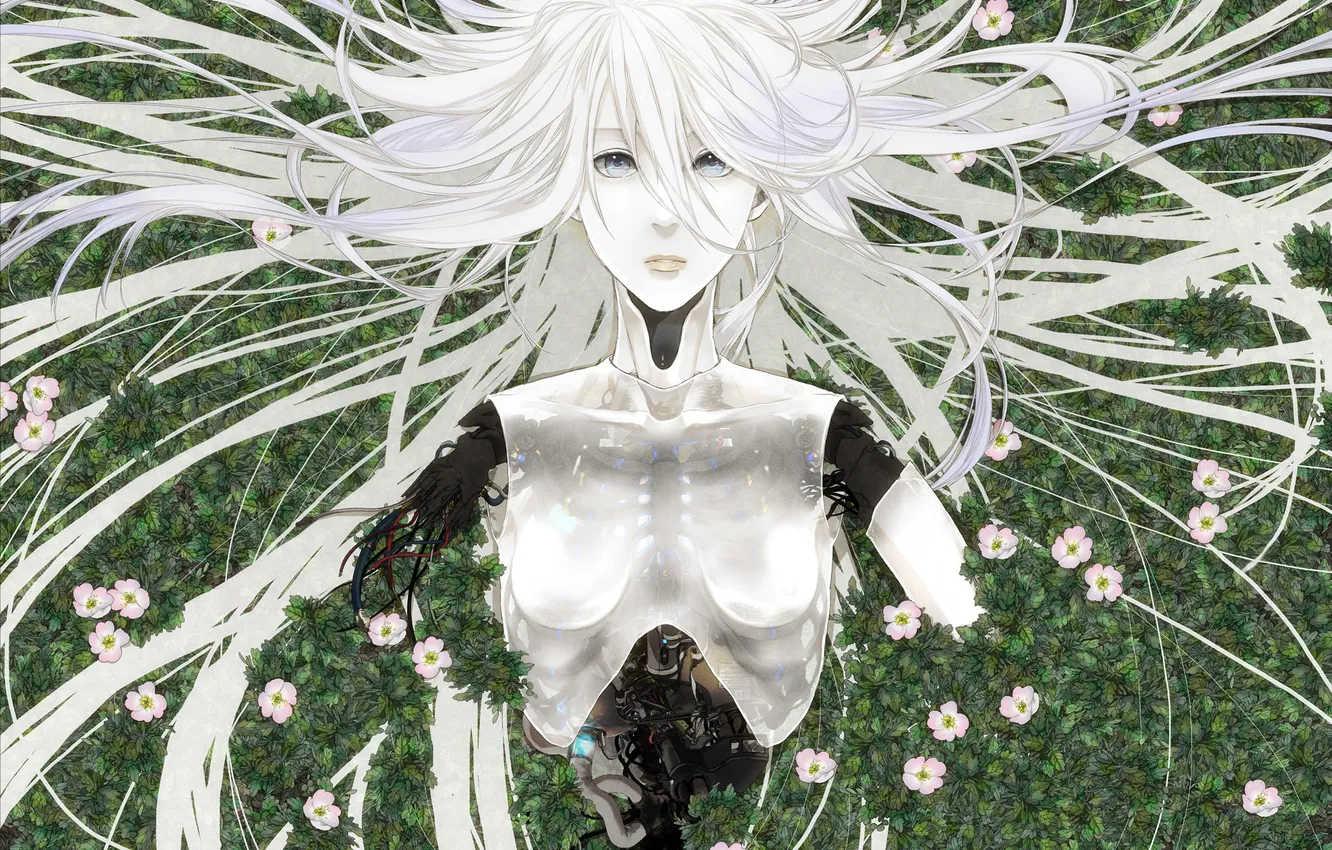Photo wallpaper girl, flowers, wire, robot, art, Android, white hair, maximum Hitachi