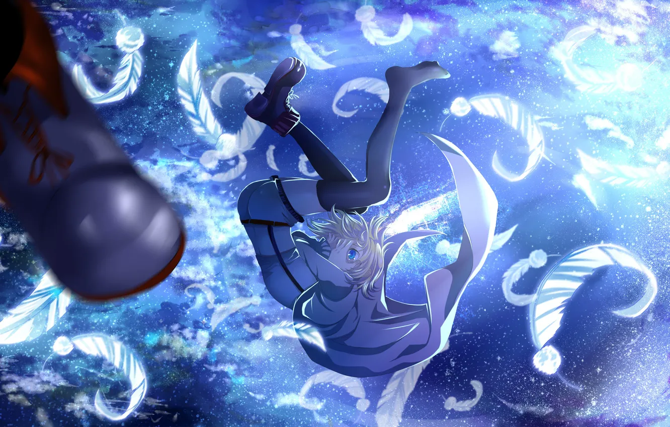 Photo wallpaper the sky, girl, stars, anime, feathers, art, vocaloid, kagamine rin