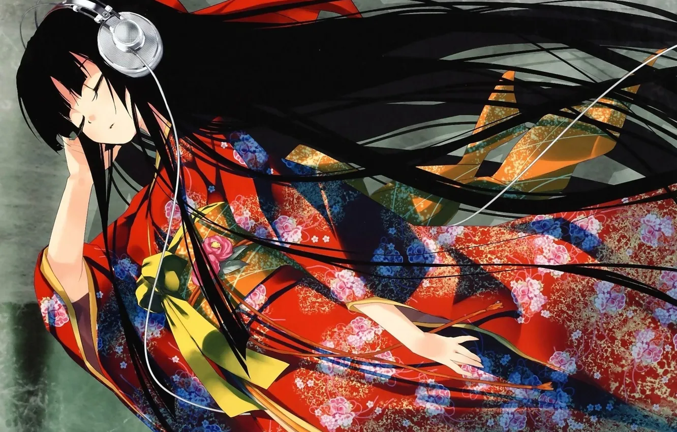 Photo wallpaper pattern, headphones, kimono, Enma Ai, Jigoku Shoujo, Hell girl