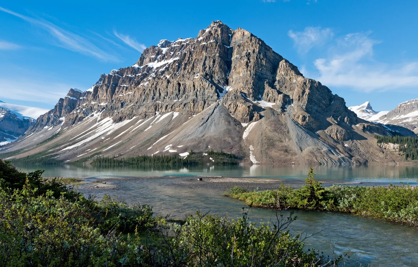 Photo wallpaper landscape, mountains, nature, lake, rocks, shore, Canada, the bushes