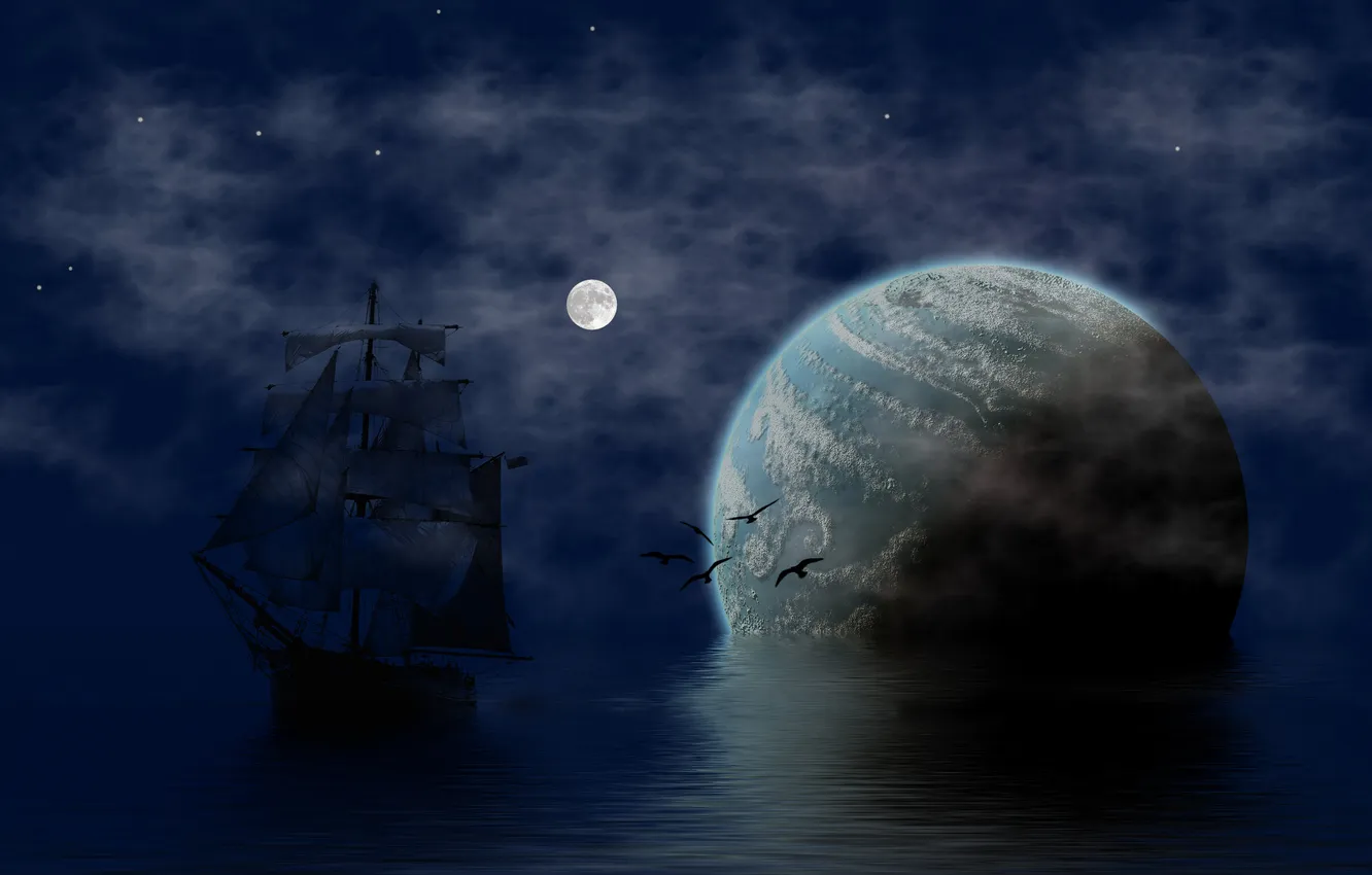 Photo wallpaper sea, the sky, birds, reflection, the moon, ship, planet