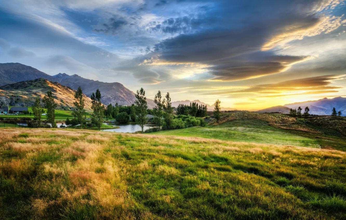 Photo wallpaper sunset, mountains, pond, New Zealand, meadow, New Zealand