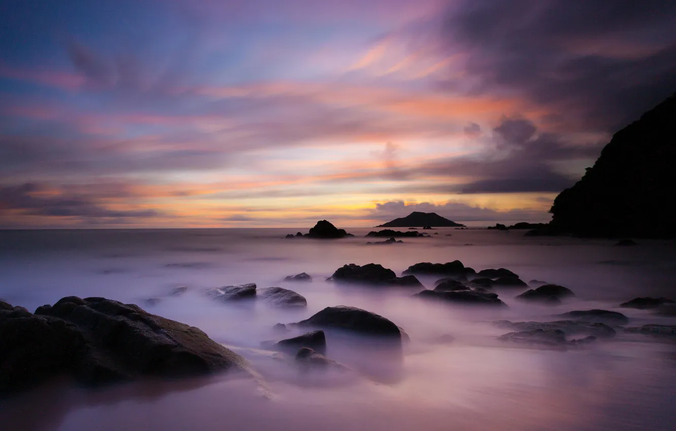 Photo wallpaper sea, beach, stones, rocks, dawn, shore, coast