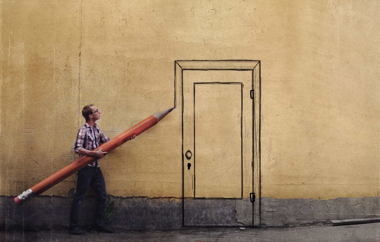 Photo wallpaper wall, the door, pencil, guy