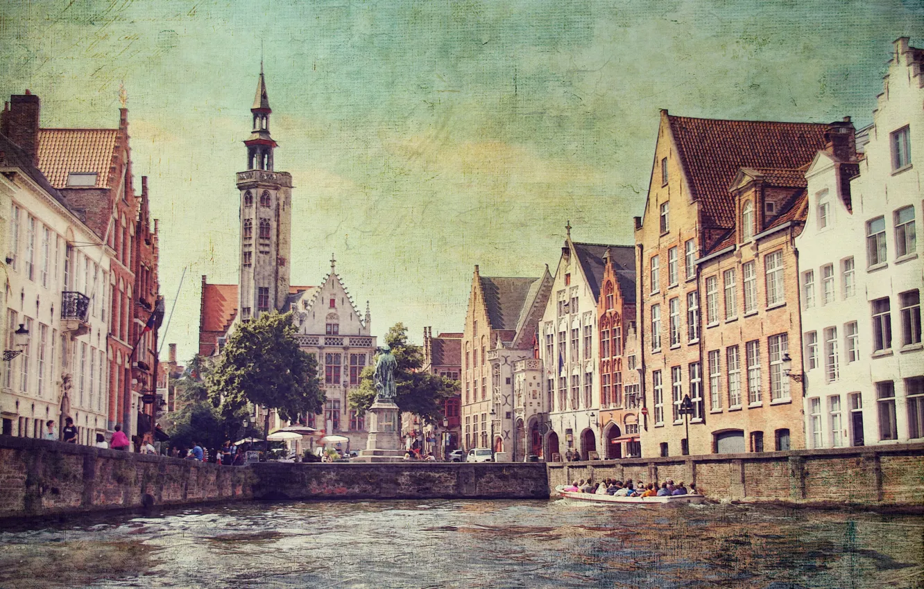 Photo wallpaper boat, people, tower, home, Church, channel, Belgium, filter