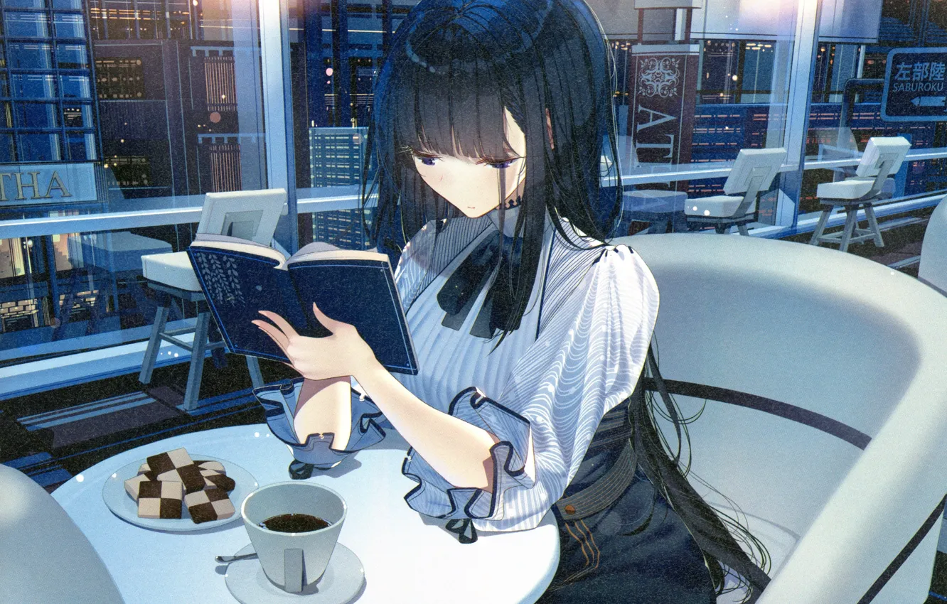 Photo wallpaper cookies, blouse, long hair, student, evening city, in a cafe, a Cup of coffee, at …
