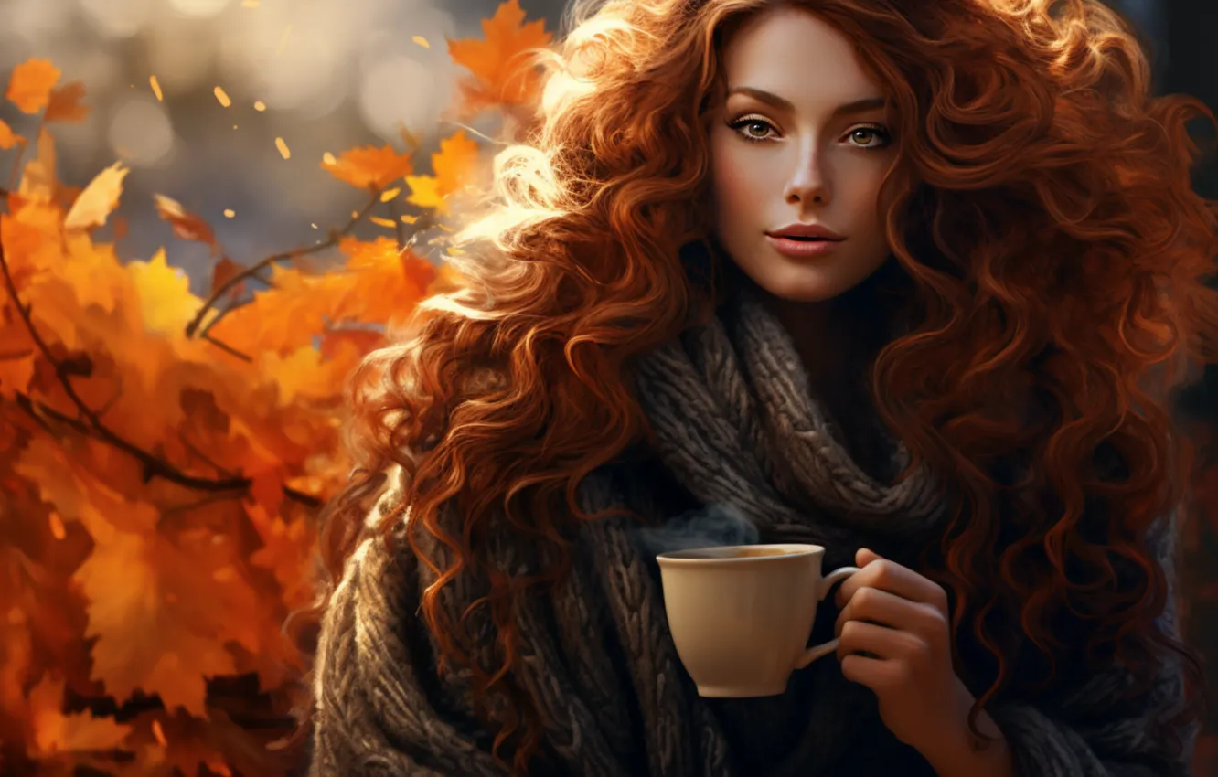 Photo wallpaper autumn, girl, light, tea, foliage, coffee, makeup, scarf