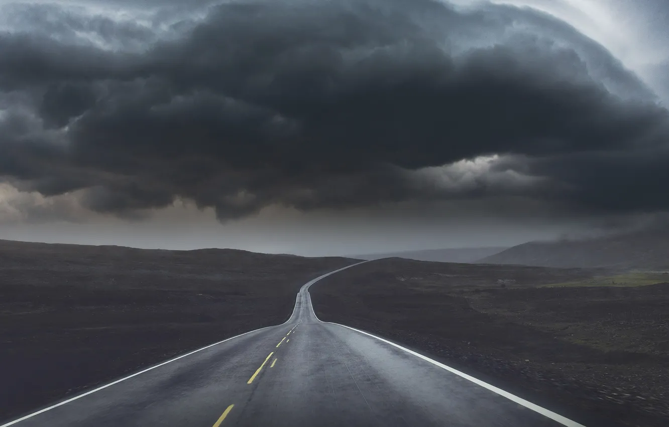 Photo wallpaper road, the storm, the sky, clouds, the way, hills, storm, highway
