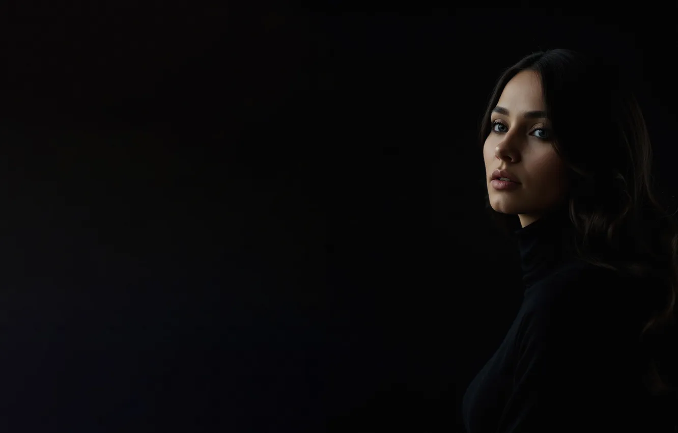 Photo wallpaper girl, lips, hair, brunette, look, dark background