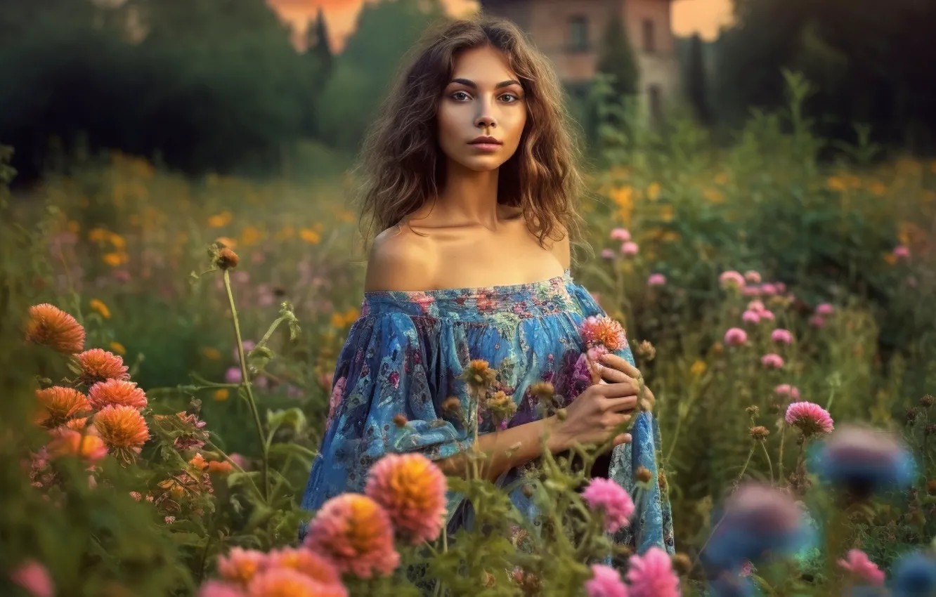 Photo wallpaper field, summer, look, girl, flowers, house, brown hair, walk