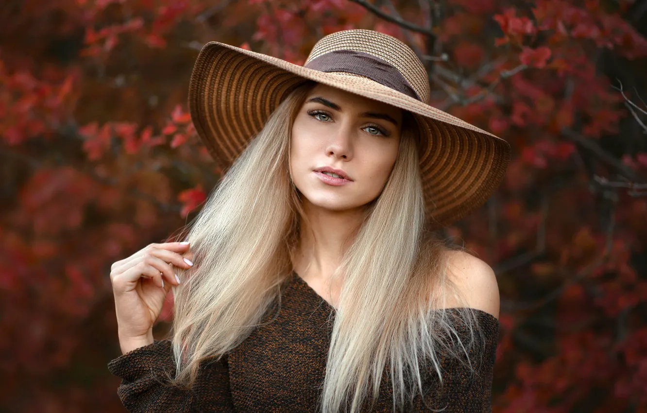 Photo wallpaper look, leaves, branches, pose, background, model, portrait, hat
