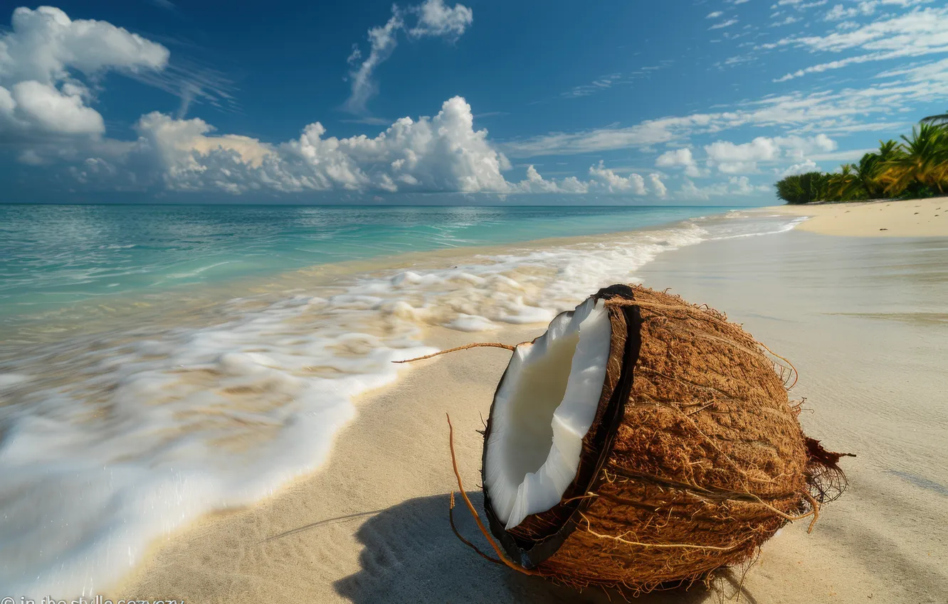 Photo wallpaper sand, sea, wave, beach, the sky, clouds, tropics, blue
