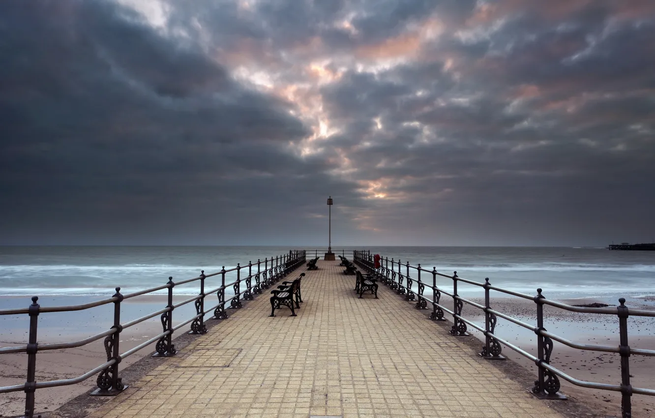 Photo wallpaper sea, landscape, bridge, bench