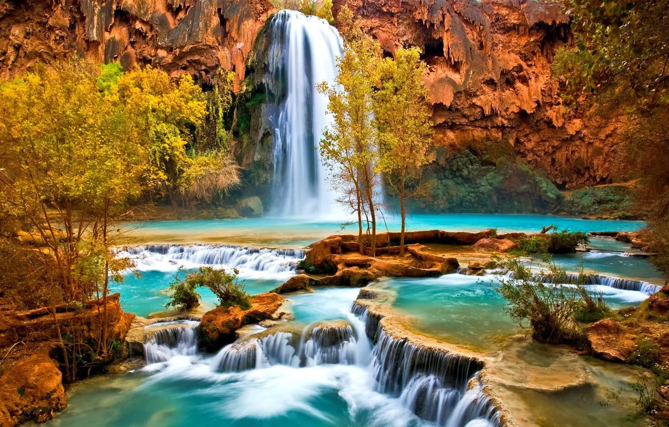 Photo wallpaper autumn, river, photo, waterfall, Havasu Falls, rifts