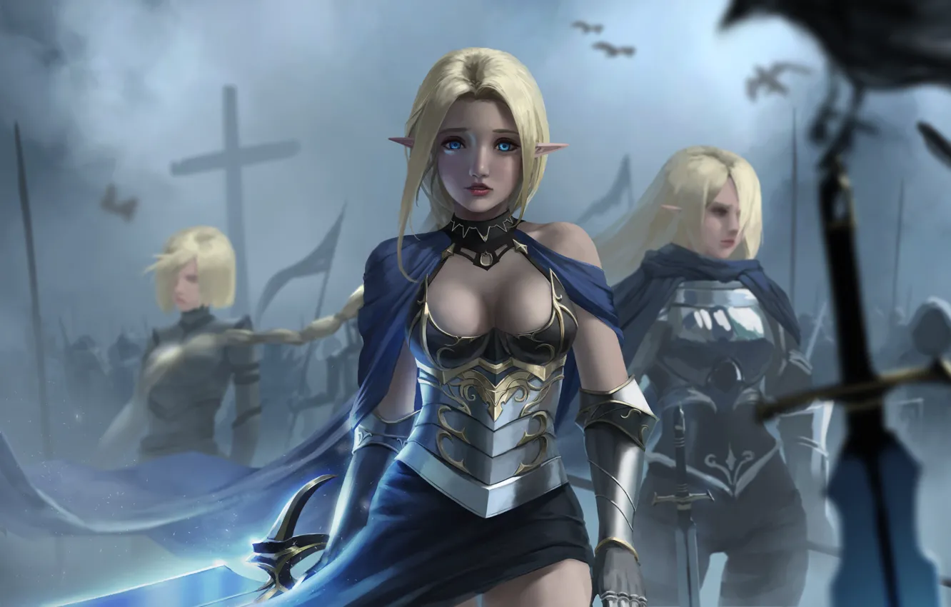 Photo wallpaper girl, weapons, elf, sword, army, armor, warrior, blonde