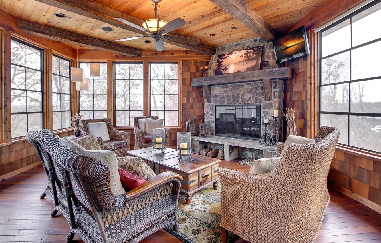 Photo wallpaper design, room, interior, fireplace, living room, Rustic three season room, by Divine Custom homes, rustic …