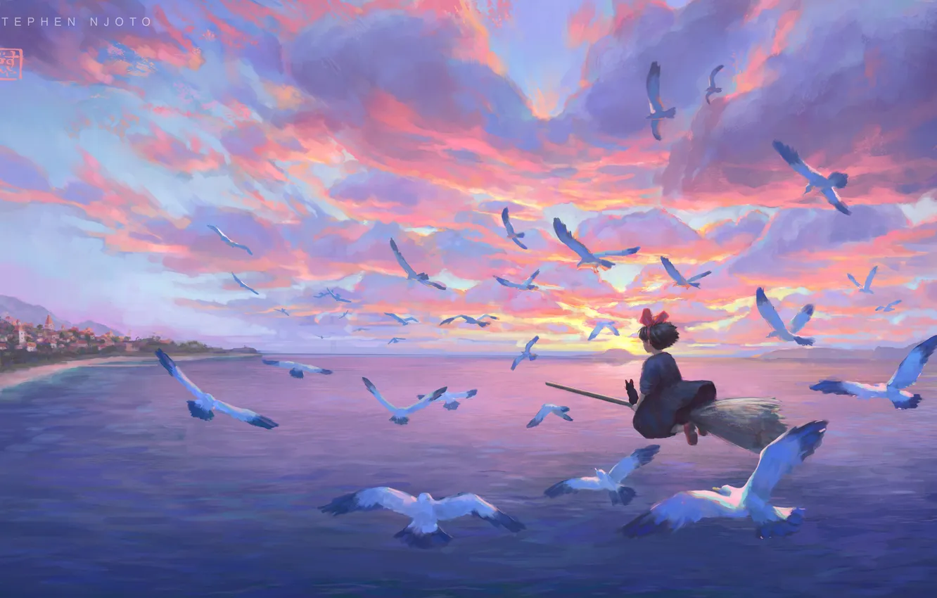 Photo wallpaper sea, cat, seagulls, fantasy, girl, broom, Kiki, jiji
