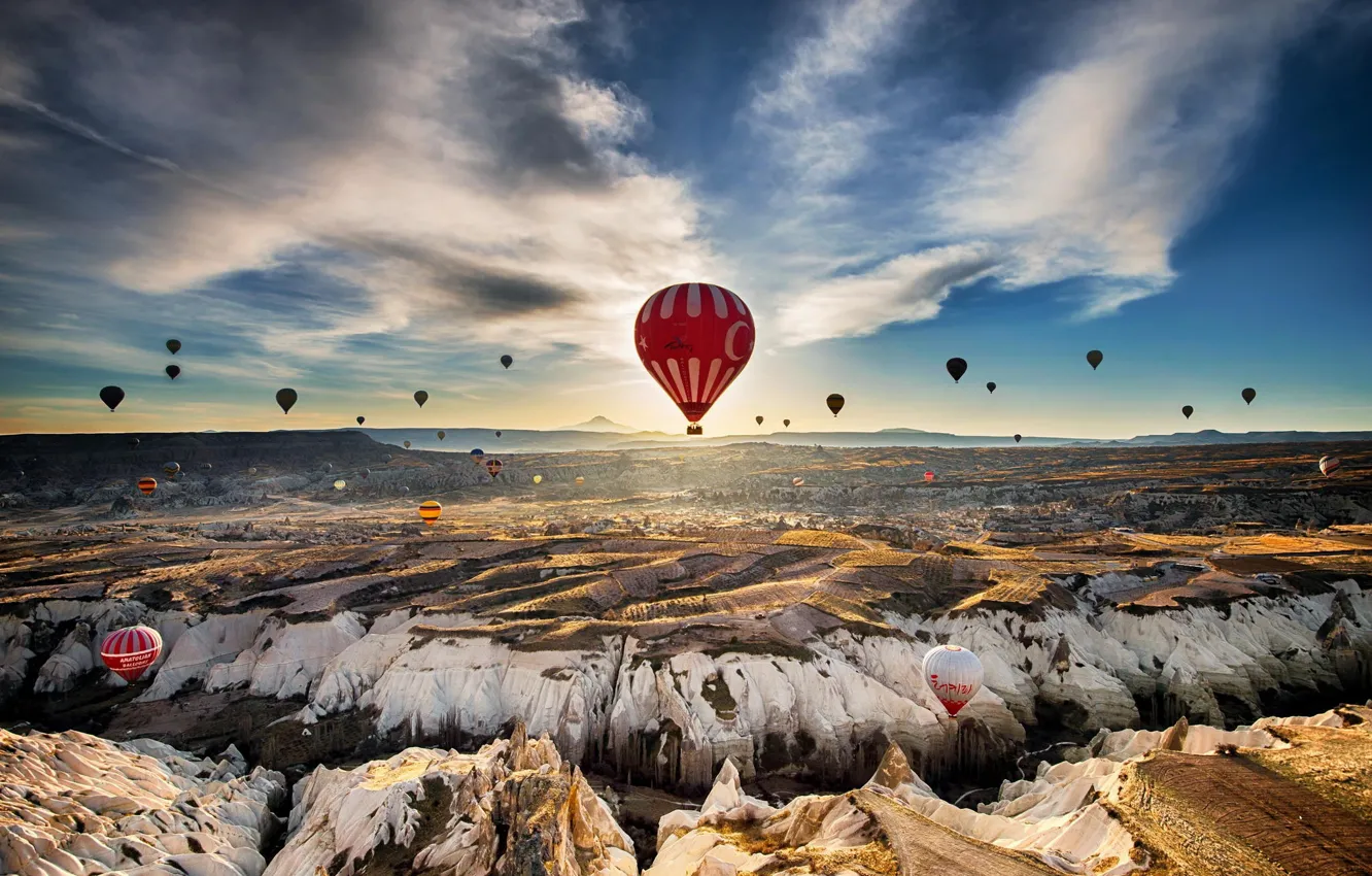 Photo wallpaper the sky, clouds, balloons, rocks, Turkey