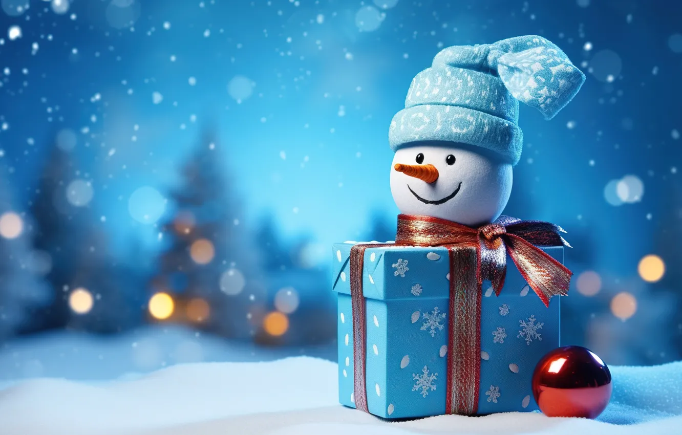 Photo wallpaper winter, snow, balls, new year, Christmas, snowman, Christmas, balls