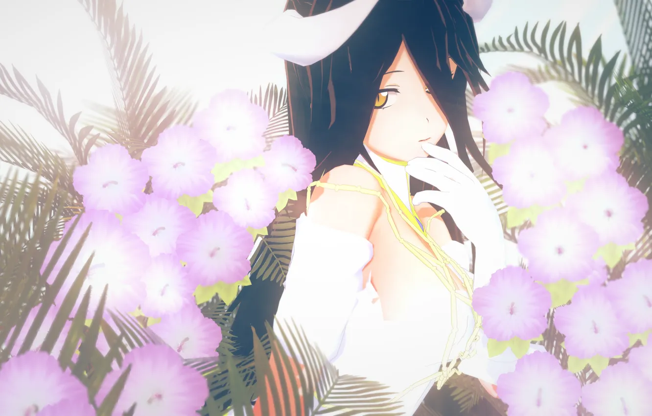 Photo wallpaper leaves, girl, flowers, horns, Overlord, Albedo