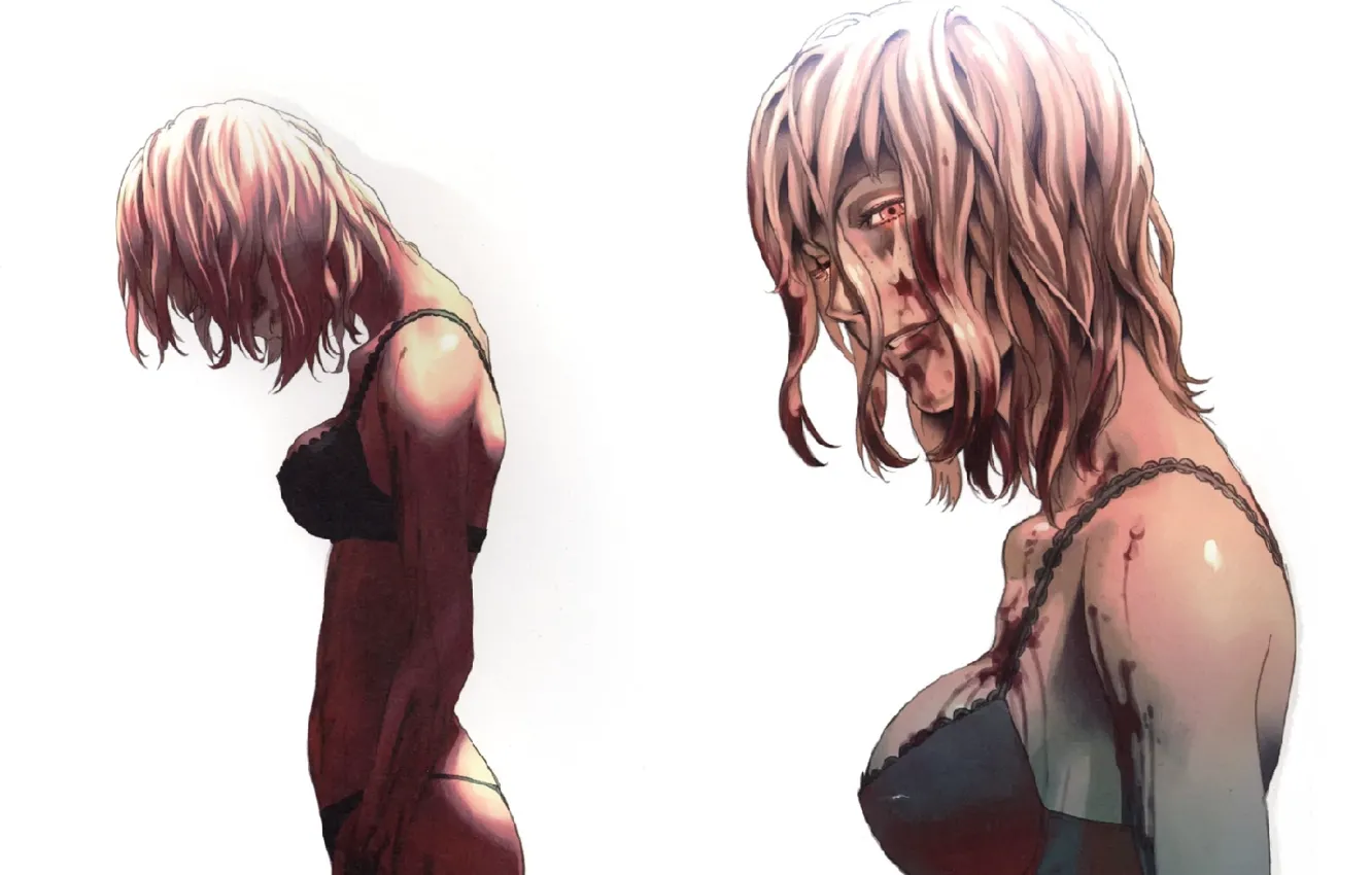 Photo wallpaper game, blood, No More Heroes, evil eye, blood on the face, by Yuusuke Kozaki, Alice …