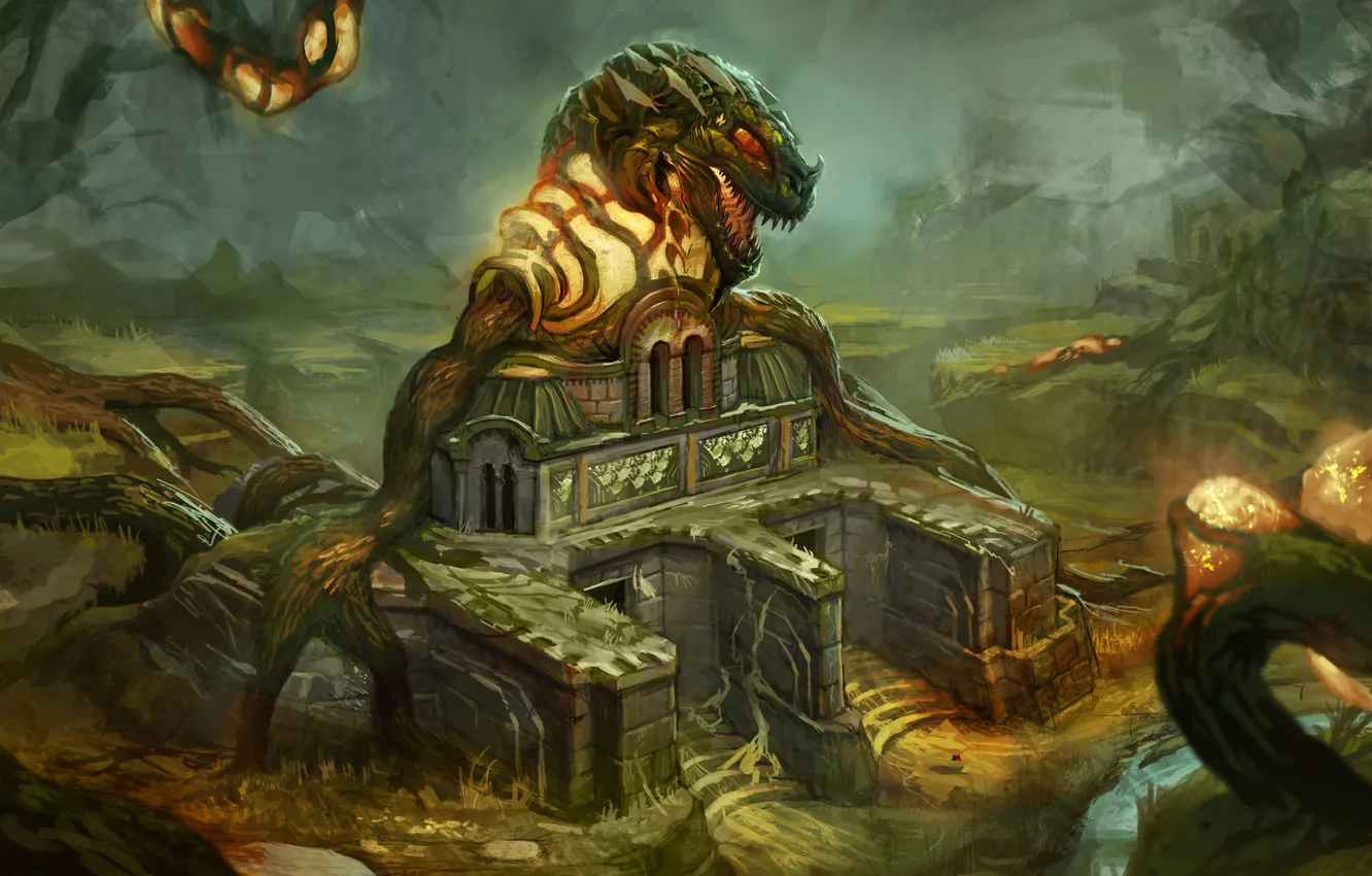 Photo wallpaper forest, roots, thickets, monster, art, temple, the guardian