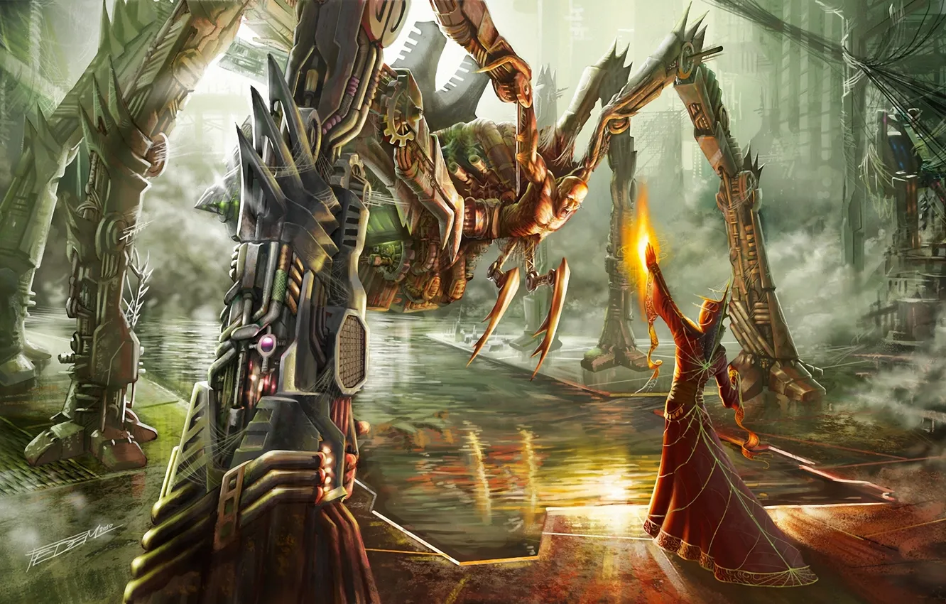 Photo wallpaper water, lights, magic, people, robot, monster, spider, art