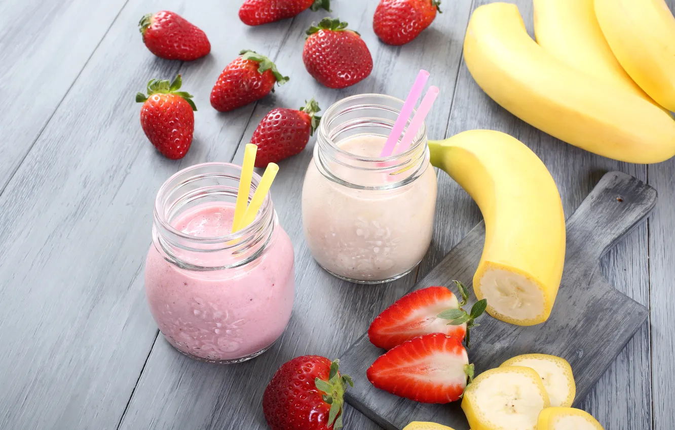 Photo wallpaper berries, strawberry, bananas, cocktail, fresh, fruit, tube, strawberry