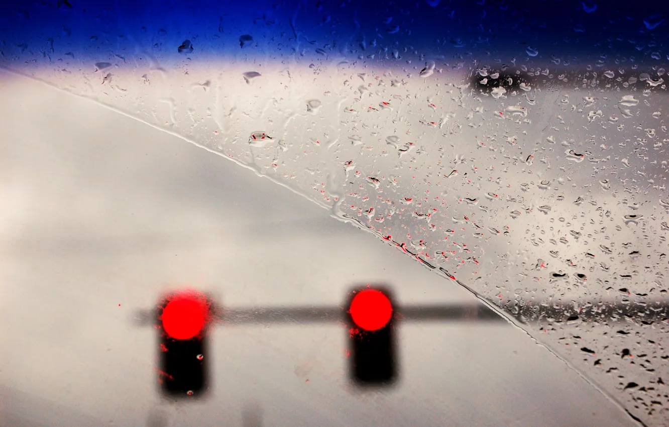 Photo wallpaper machine, drops, rain, traffic light, windshield, red light