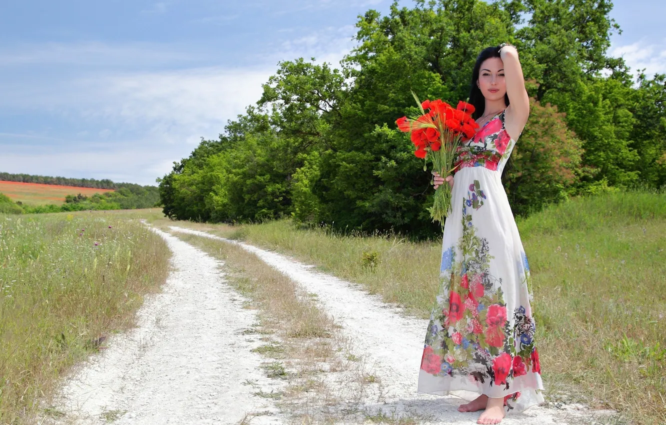Photo wallpaper road, girl, nature, Maki