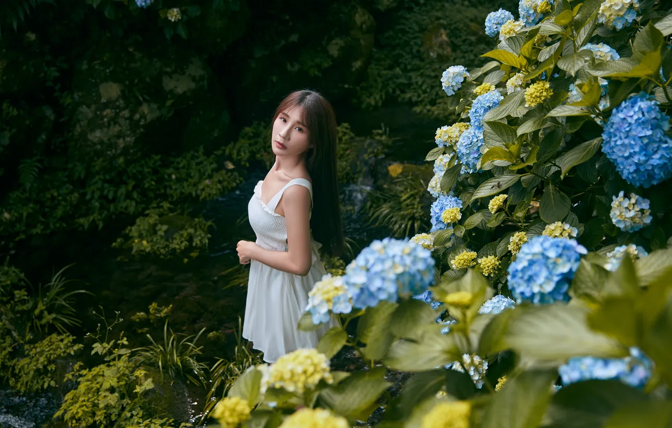 Photo wallpaper girl, flowers, Asian