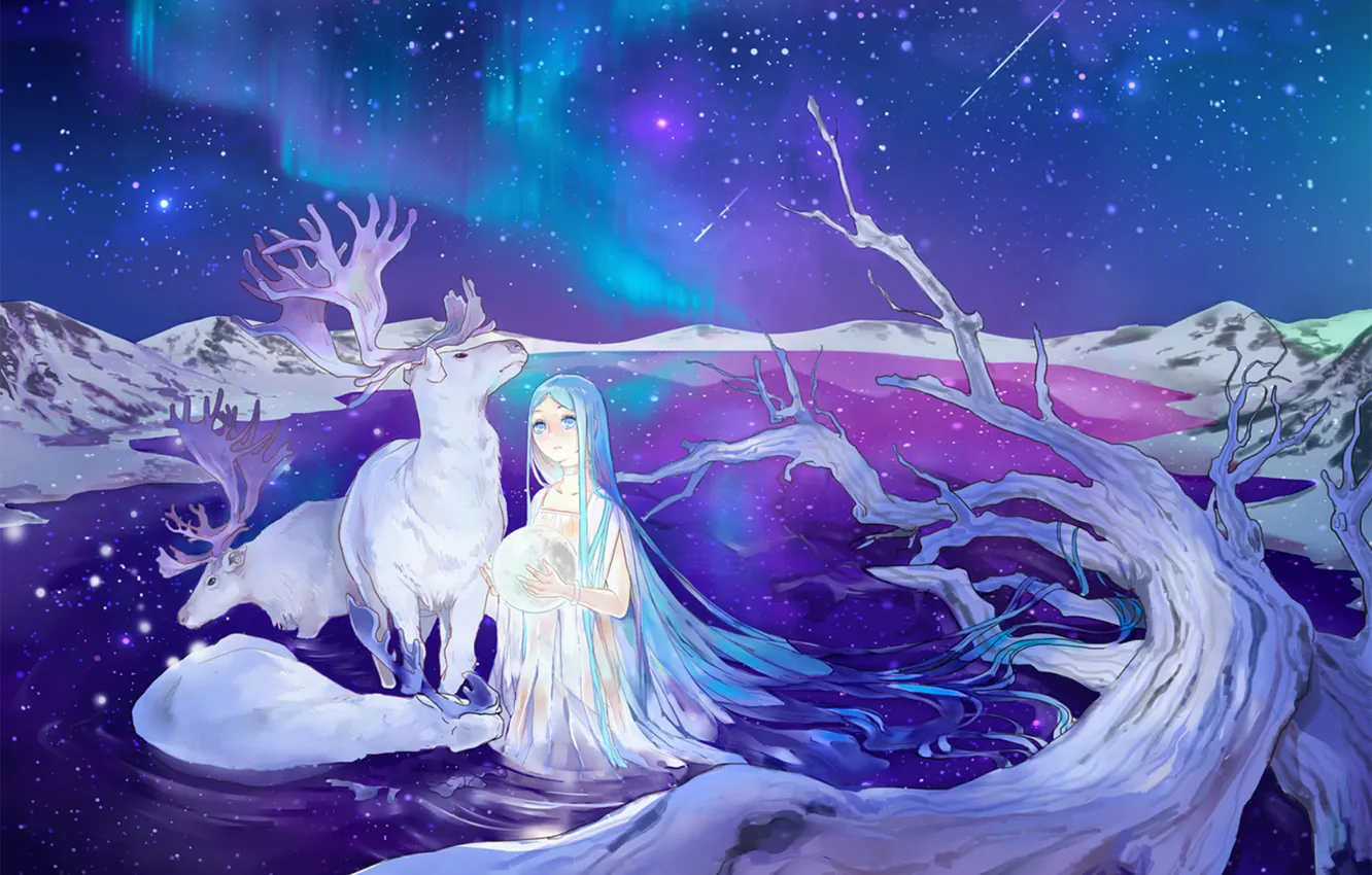 Photo wallpaper stars, night, lake, Northern lights, deer, Hatsune Miku, Vocaloid, blue hair