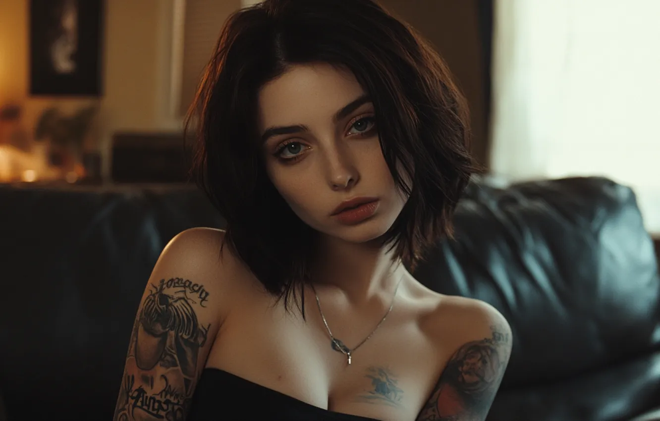 Photo wallpaper girl, room, sofa, portrait, tattoo, beauty