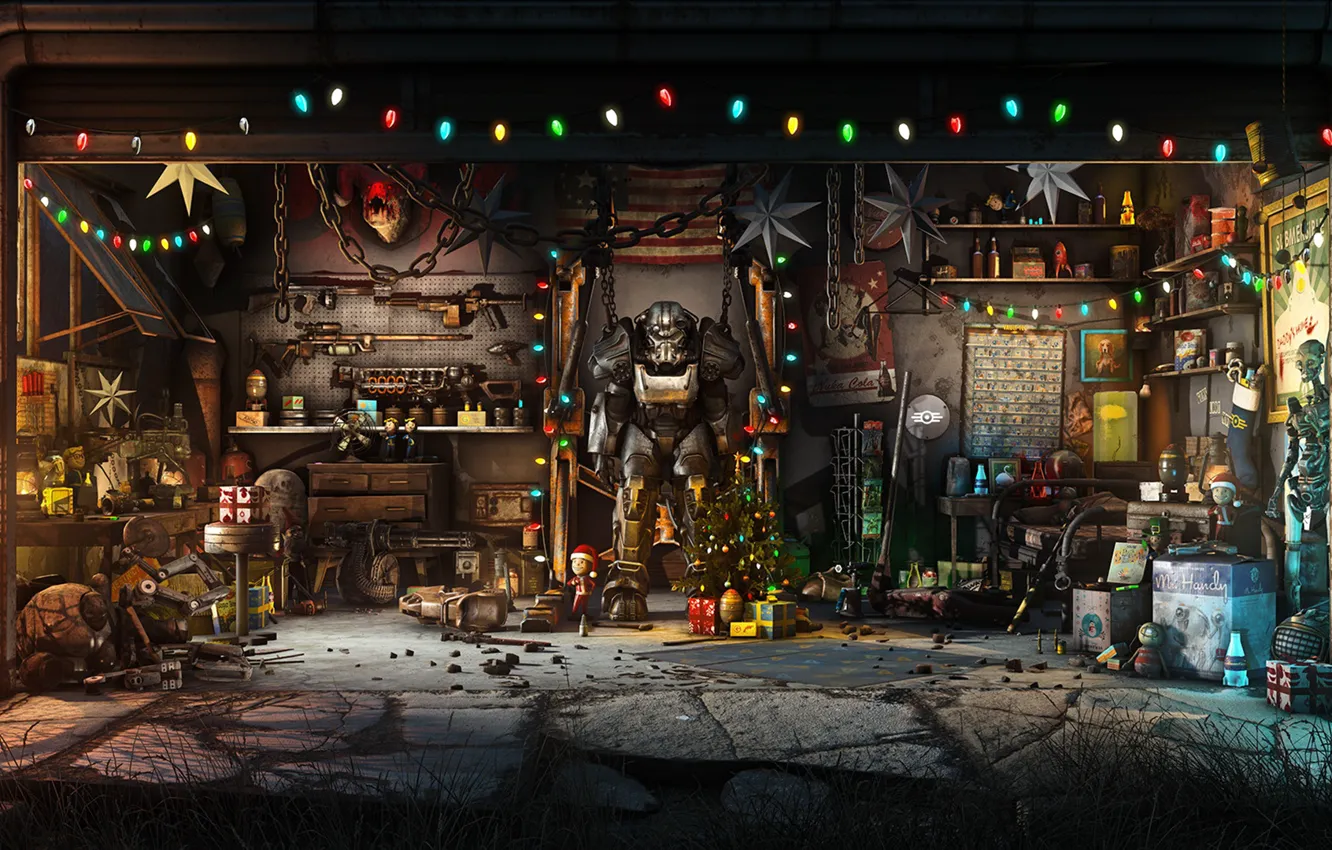 Photo wallpaper The game, Christmas, New year, Weapons, Decoration, Garage, Holiday, Fallout