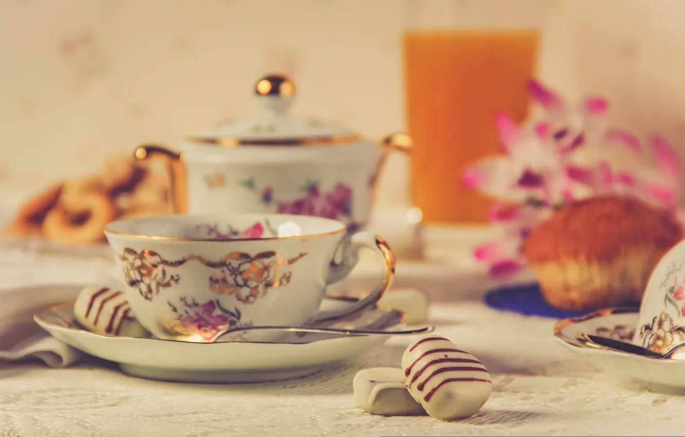Photo wallpaper flowers, tea, food, Breakfast, cookies, candy, cake, cake